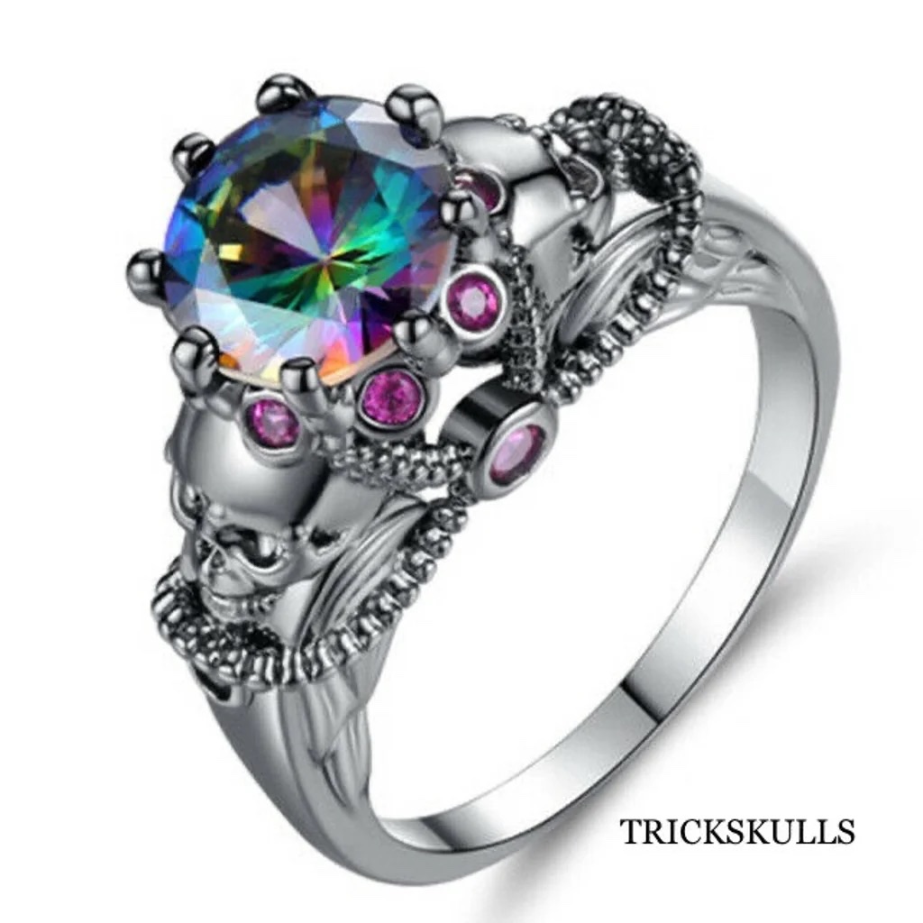 Dark Silver Stainless Double Skull Colorful Clear Rainbow Anodized Ring 7 8 9 24$
